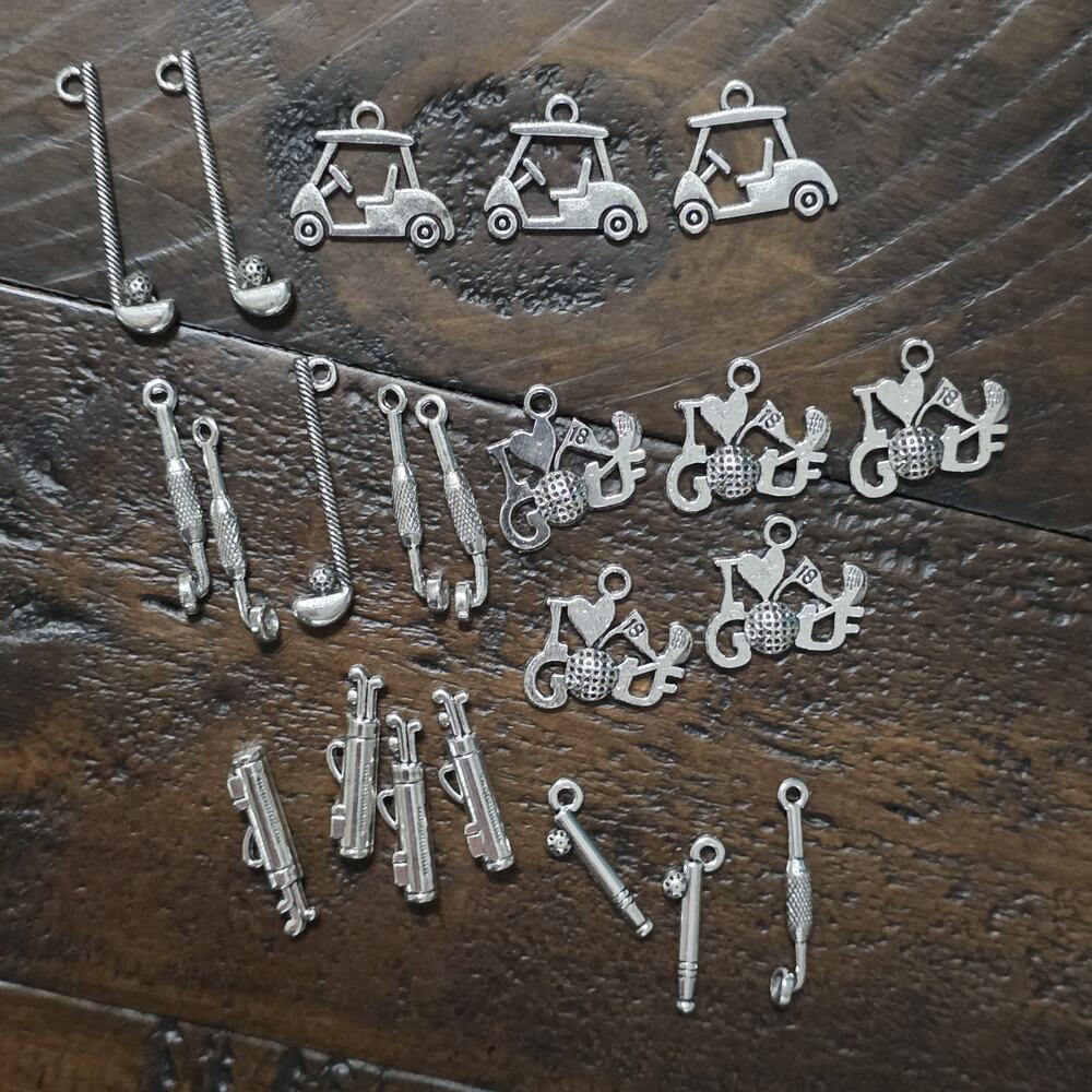 Lot of 18 Silver Tone Golf Charms Pendants Golf Cart Clubs Bag Jewelry Making Cr